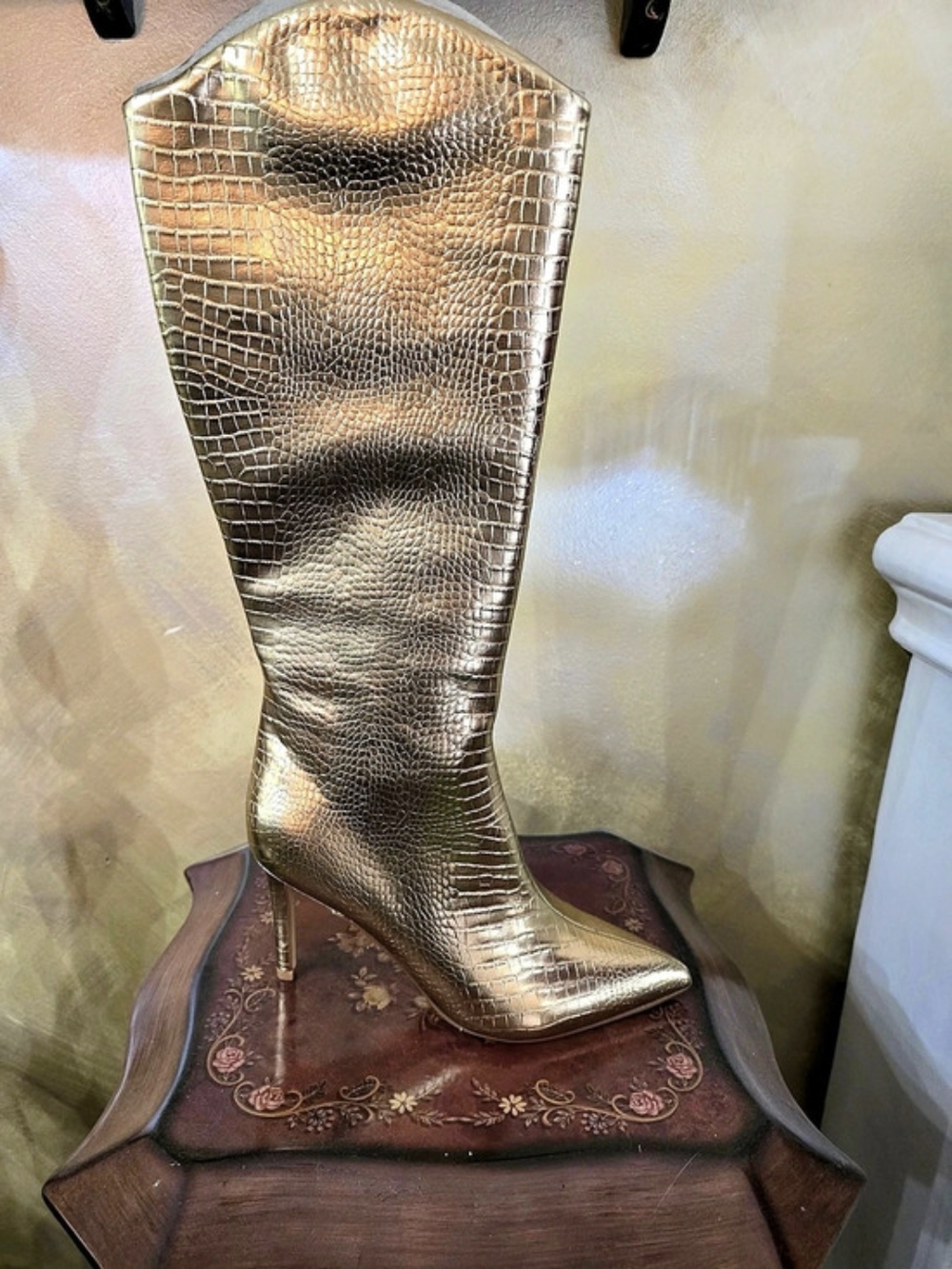 New In Box Nine West Bronze Erli Croc Embossed-Knee High Boots